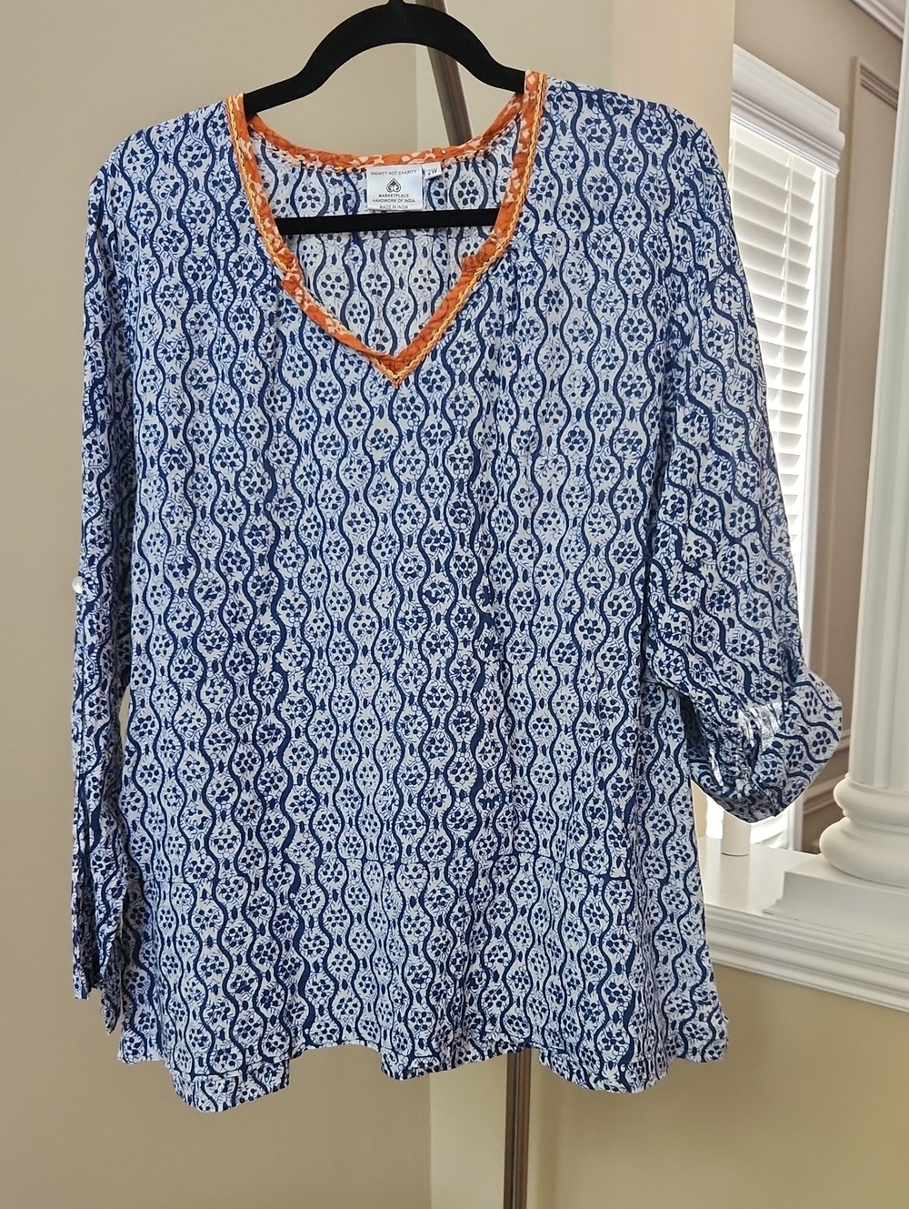Blue Hand Block-Printed V-Neck Tunic Blouse with Orange Trim